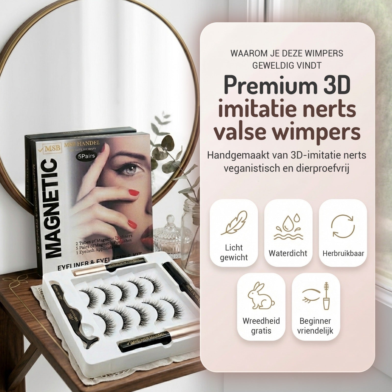 Magnetische Wimpers Kit | 5 Paar + 2 Eyeliners + Applicator